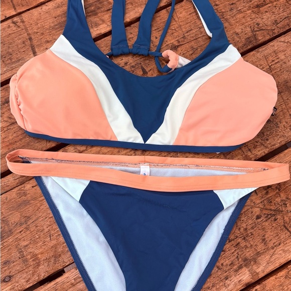 Aqua Blue and Peach Bikini Top with Sporty Design. Bottoms available separately - Picture 1 of 3